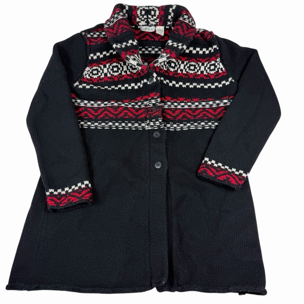Orvis Women's Cardigan Sweater Wool Cashmere Button Front Black Red Nordic Sz Lg - Picture 2 of 8